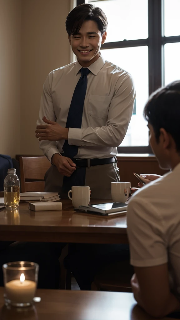 The image shows、A smiling male counselor is depicted in a dimly lit room.。He smiles warmly、Talking to a patient during a counseling session。He wears a shirt and tie、Dressed in muted colors、It gives a professional impression。The table is decorated with candles and counseling tools.、The surrounding area features dark walls and faintly visible paintings and decorations.。The whole room was dimly lit、The counseling atmosphere is quiet and private.。