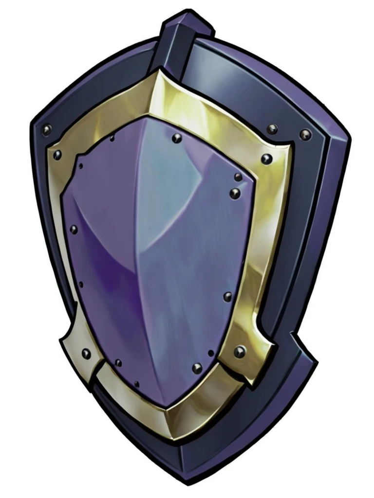 a cartoon shield with a metal frame and a purple shield, shield, shield design, fantasy shield, metallic shield, shield emblem, shield, breastplate, shields, Armor Plate, holding a tower shield, RPG Items, holding a shield, RPG Game Items, riot shields, holding weapon and shield, game icon asset, Plate Armor, holding up a large shield