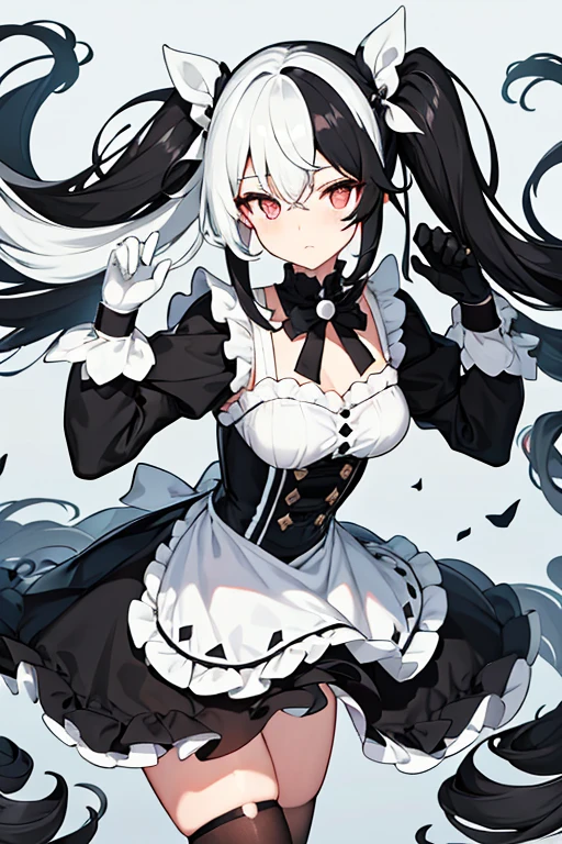 Women, hair in two black pigtails, half white half black mask, black and white dress, white gloves