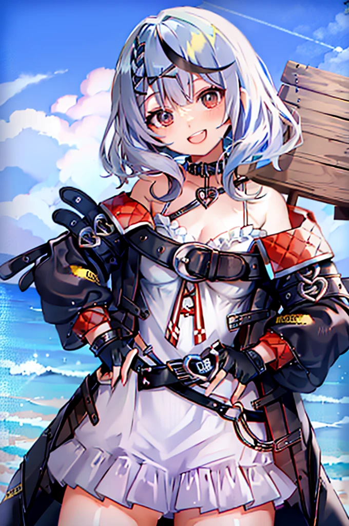 chloe_thief、1 person、solo、gloves、tooth、Food、Look at the viewer、smile、Foodを上げ、Off the shoulder、肌のtooth、blush、Hands on hips、Open your mouth、:d、Open clothes、Large Breasts、Cowboy Shot、動物のFood、Foodを被って、shirt、Pleated skirt、Open jacket、Long sleeve、mini skirt、Outdoor、Ocean、Beach、port、background、anime、null、masterpiece、High resolution、High definition、