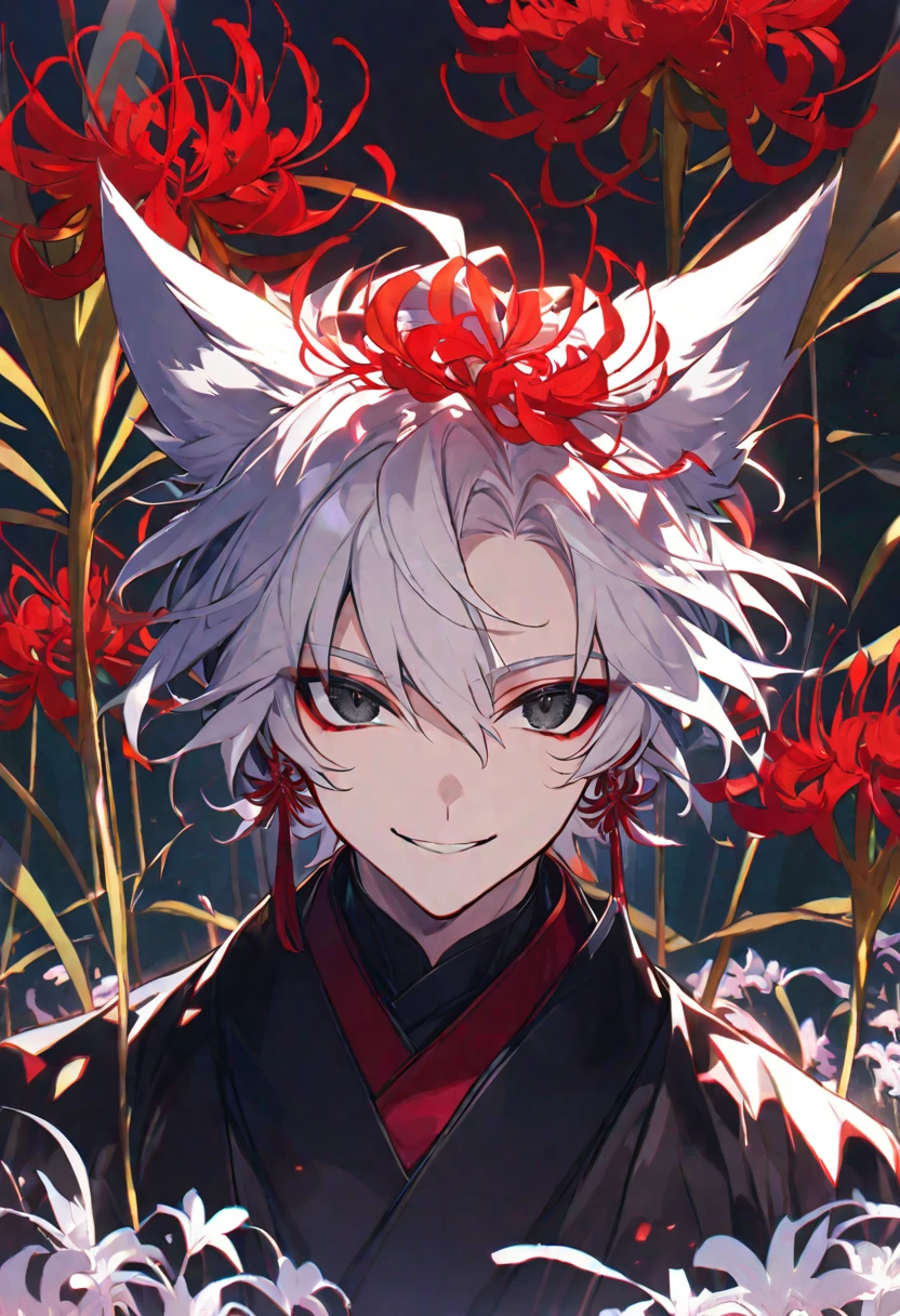 Solo, 1 male, white hair, black eyes, black kimono, fox ears, smile facial, red spider lily, higanbana, red tassel earrings