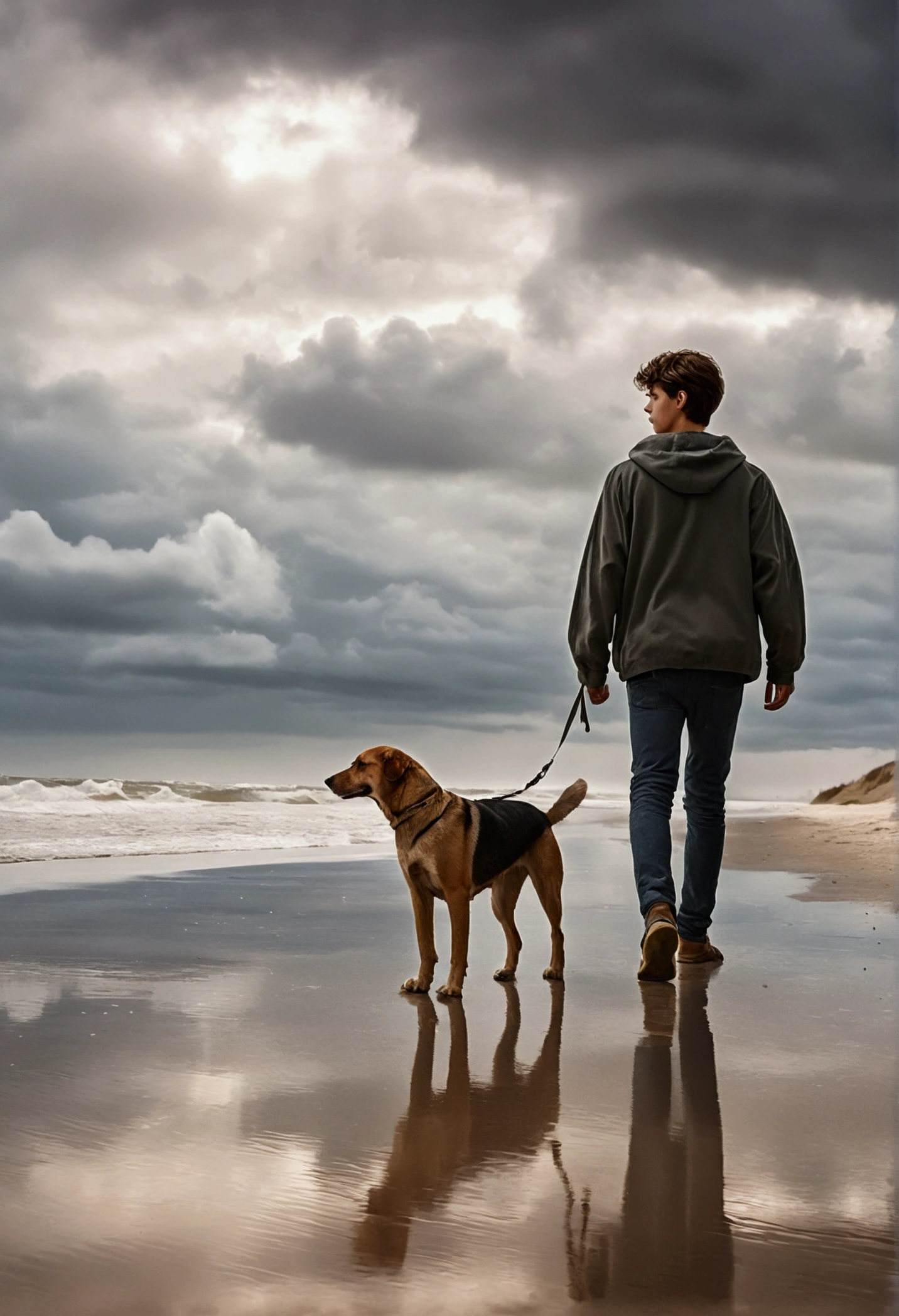 a 19 year old man walking with a dog on a cloudy beach day, from behind, detailed portrait, realistic, photorealistic, detailed face, beautiful eyes, sharp details, warm lighting, cinematic, dramatic lighting, moody atmosphere, overcast sky, waves, sandy beach, natural environment