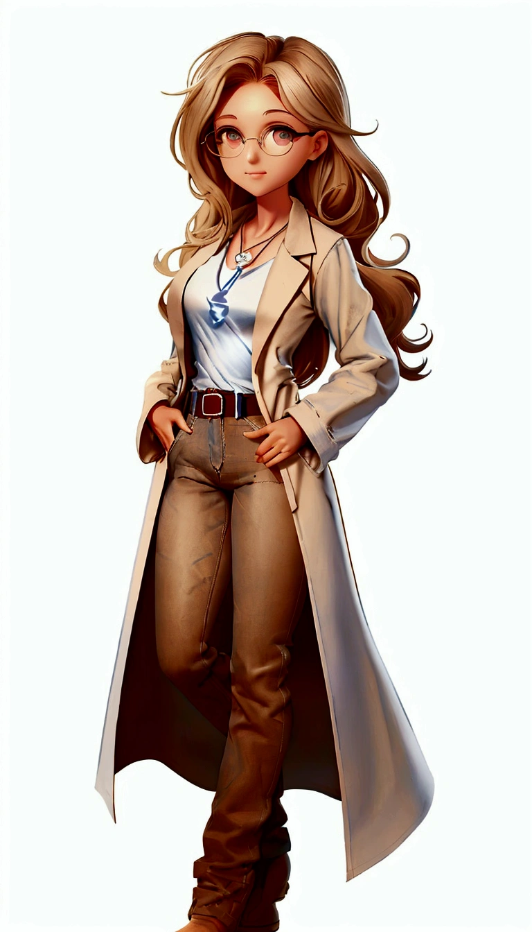 I created a character called Olivia, a 30-year-old aromatherapist specializing in essential oils, ((white)), wavy blond hair, throws to the side, at shoulder height, (((Brown eyes ))), ((wears round brown glasses)), she is gentle and delicate, use a ((((light blue t-shirt)))), ((((blue jeans)))) with brown belt and a ((((white labcoat)))) with long sleeves characteristic of professionals linked to the health sector. she has a golden wedding ring on her left ring finger and wears a necklace with a golden crucifix. make her look at the camera, com background branco. imagem com fundo transparente. frame it in an American plane. she has both hands on her hips and is standing with a slight and sweet smile.