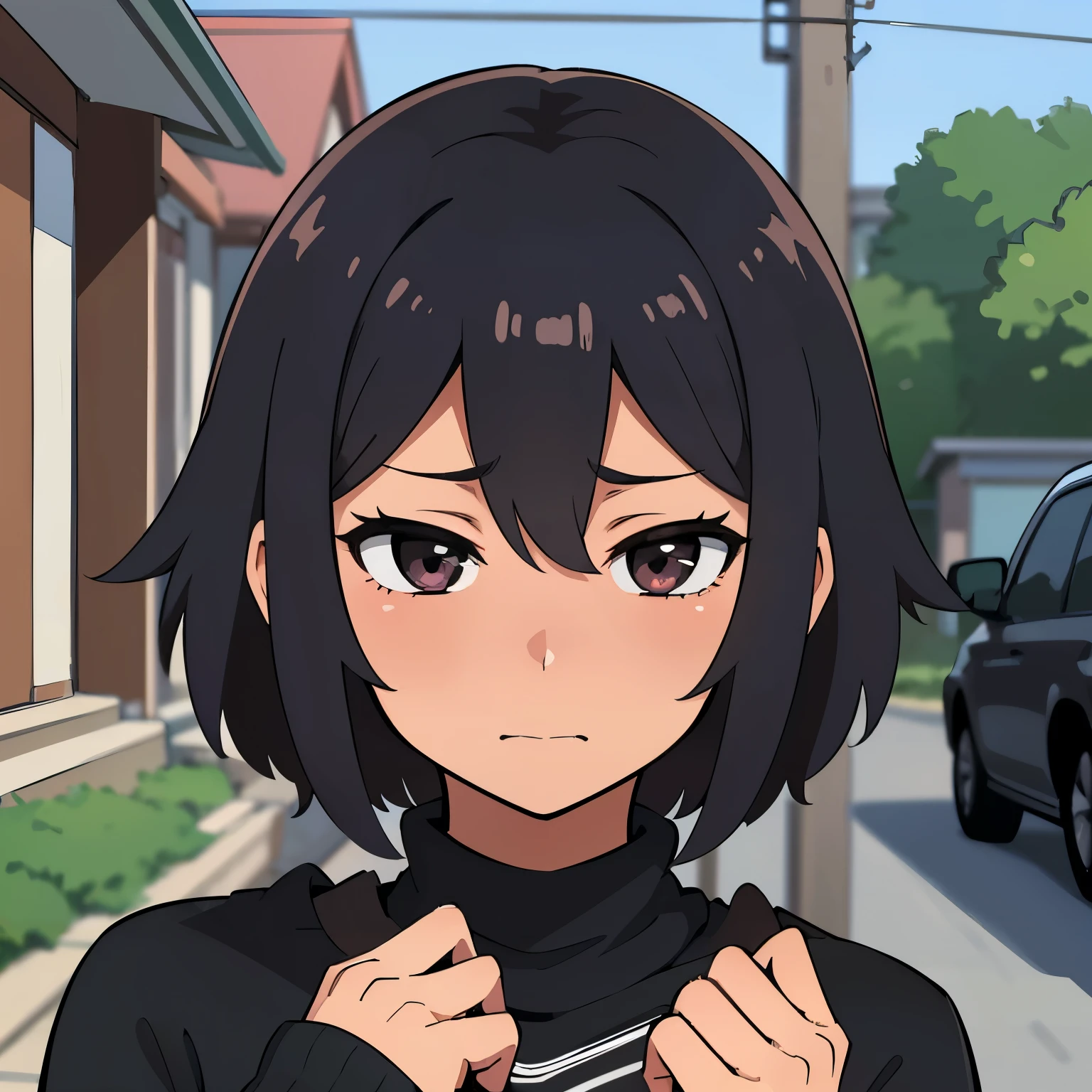 Superior quality, Masterpiece, ultra high resolution,Anime illustration of a girl with short brown hair and black eyes, she has a tired look, her hair is messy, she is wearing a black sweater with black socks, she is outside a house and she is very blushing.