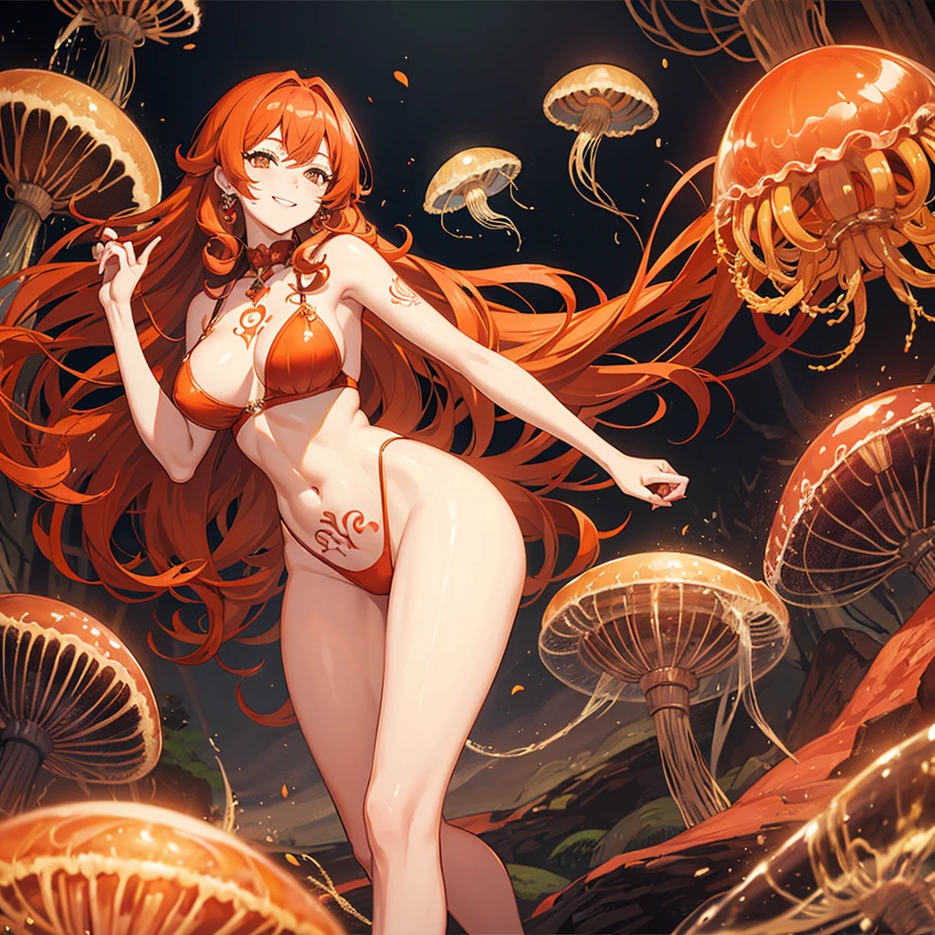 24 year old woman, curly hair, red and orange hair, Almond eyes, black eyes, the expression is relaxed but with a smile,The background is a forest , with not so revealing clothes, with a tattoo of a jellyfish, long hair, an ear piercing