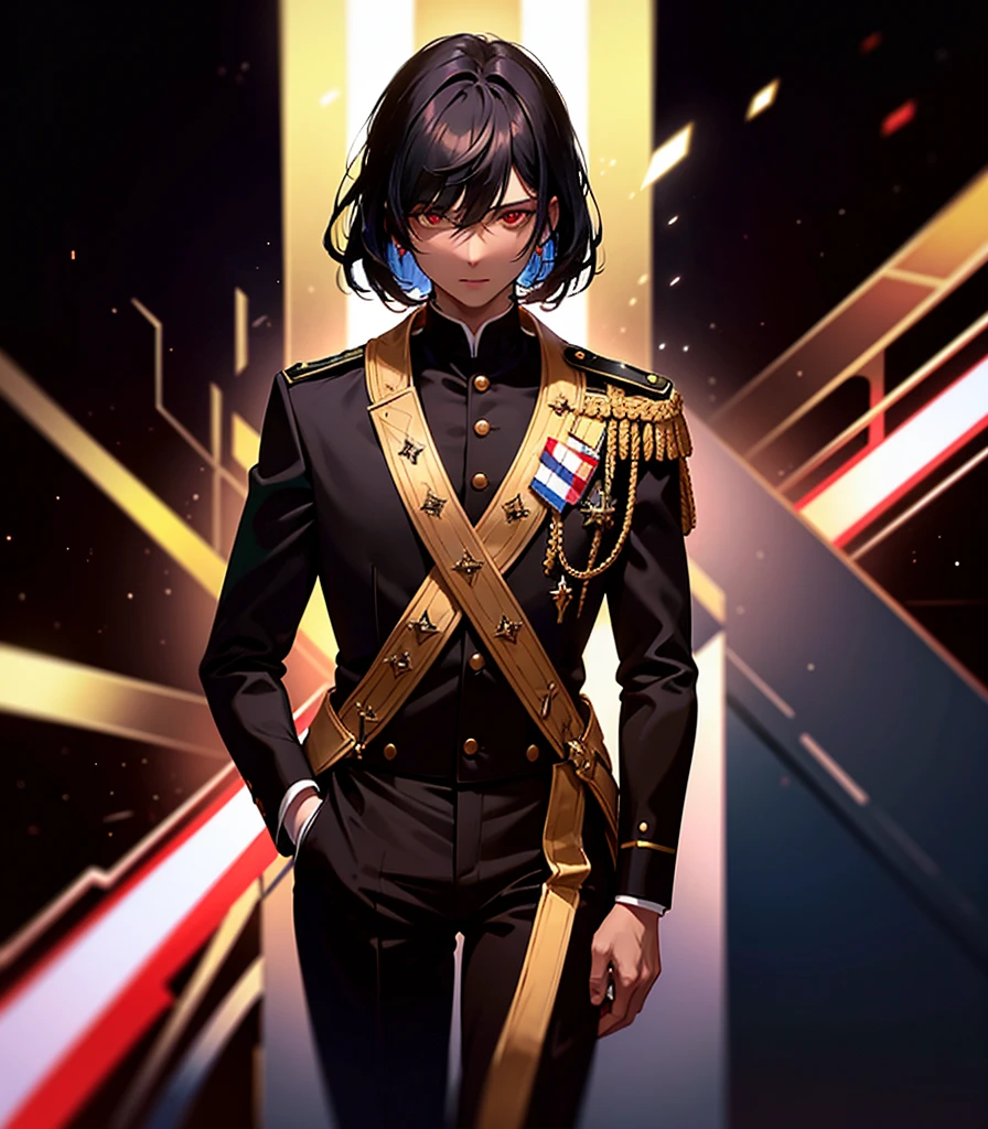 1 person, good looking, expensive, Dark brown skin, Black Hair, Red eyes, Science fiction, Wearing a black military uniform, Completely isolated on a pitch black background, High resolution, Super sharp, 8K, masterpiece, View your viewers, High resolution, Sharp focus, Absurd, Bokeh