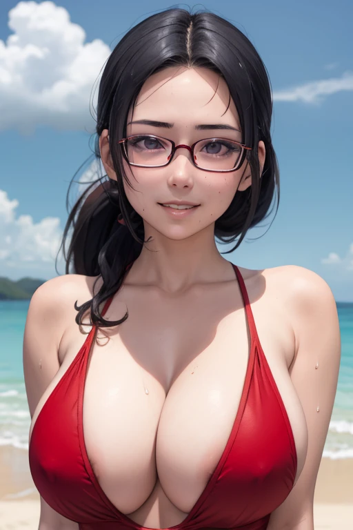 masterpiece, best quality, beach,satou sakie, glasses, slingshot swimsuit, looking at viewer, large breasts, upper body, portrait, looking at viewer, parted lips, seductive smile, sweating