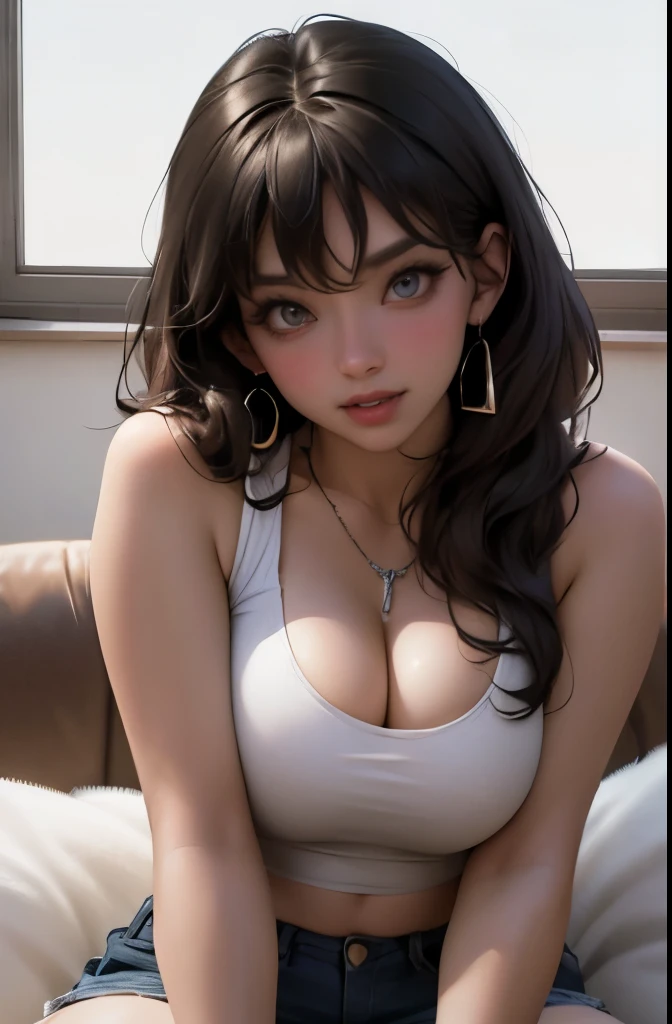 full body shot, thick hair, lustful eyes, open mouth smile, aroused 25 years old, playfully aroused, dripping with desire, busty cleavage, low cut spaghetti strap tank top , shorts, slim waist, lounging comfortably, coy smile with open parted lips, (blushing:1.3), looking lovingly at the viewer, seductive eyes, facing the viewer, livingroom background, posing by the sofa, (pov), glowing eyes, necklace, earrings, nsfw,