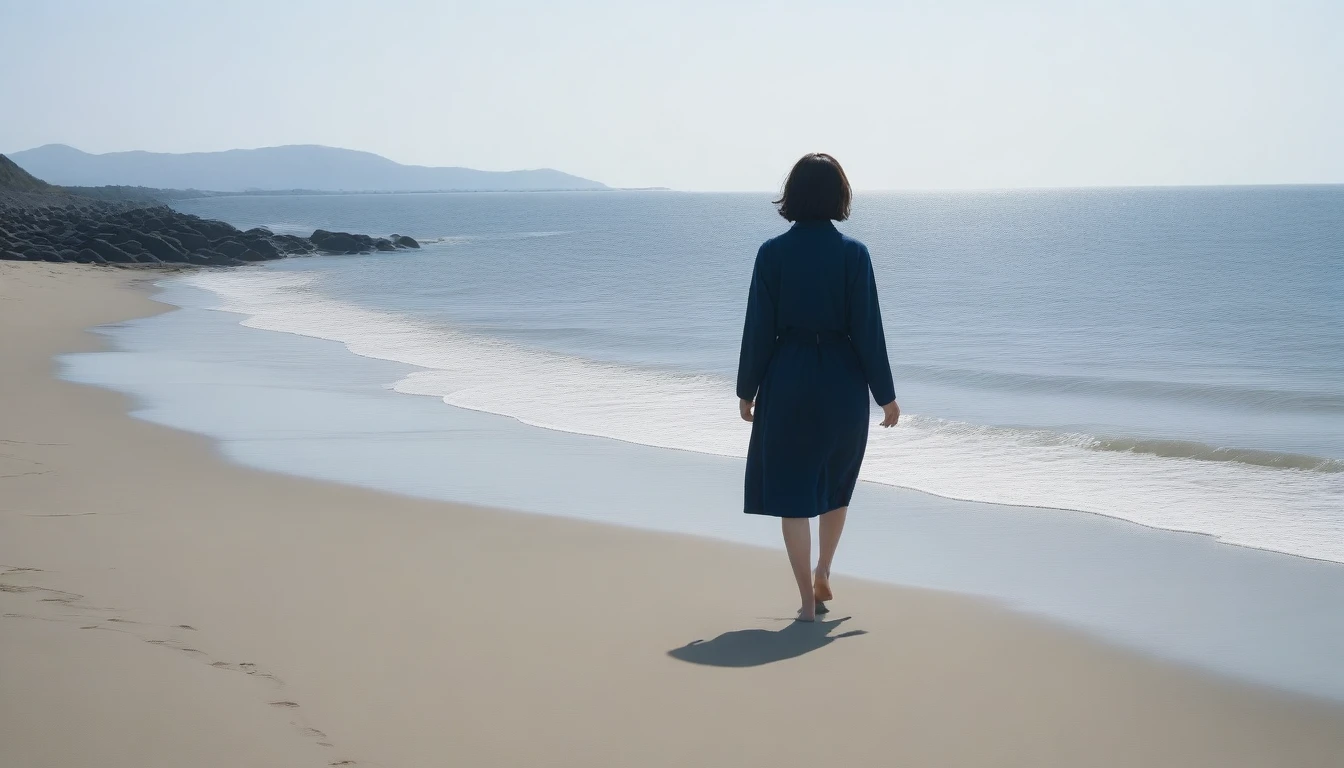 8K, Vivid picture quality, desolate long beach, A short-haired woman walking from afar, 안개낀 ocean, alone, afternoon, depressed, tide가 밀려온다, ocean, tide, wind, short korean woman, 잔잔한 tide, bare foot