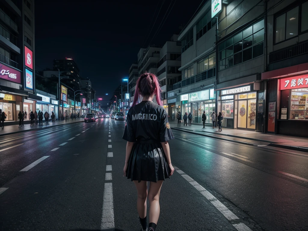 Landscape Mexico City Japan modern avenue anime night neon lights, anime girl in the middle of the street with her back turned in casual uniform