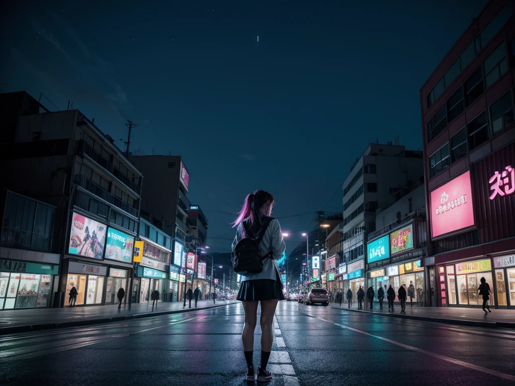 Landscape Mexico City Japan modern avenue anime night neon lights, anime girl in the middle of the street with her back turned in casual uniform