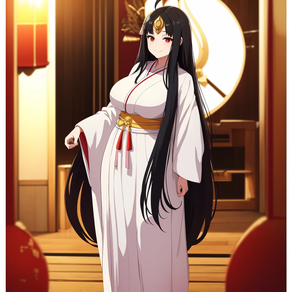 A woman wearing a white kimono with some tears, big breasts, white skin, bright red eyes, black hair, long hair, ahoge, okame mask on her forehead, smiling, full body, perfect face, standing upright.UHD , prime work , accurate , anatomically correct , textured skin , super details , high quality , best quality, 8k, high resolution, bokeh effect. (woman solo)
