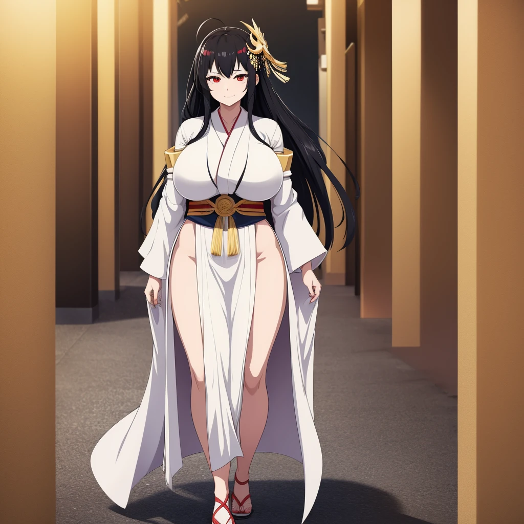 A woman wearing a white kimono with some tears, big breasts, white skin, bright red eyes, black hair, long hair, ahoge, okame mask on her forehead, smiling, full body, perfect face, standing upright.UHD , prime work , accurate , anatomically correct , textured skin , super details , high quality , best quality, 8k, high resolution, bokeh effect. (woman solo)
