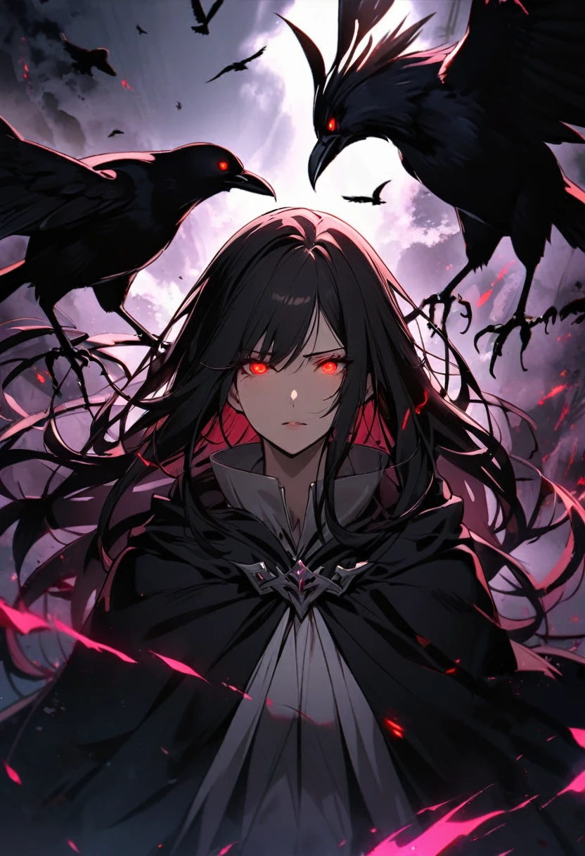 girl, mature, crows, red eyes, black hair, glowing eyes, dark aura, cloak, long hair, main face, front face, face close,