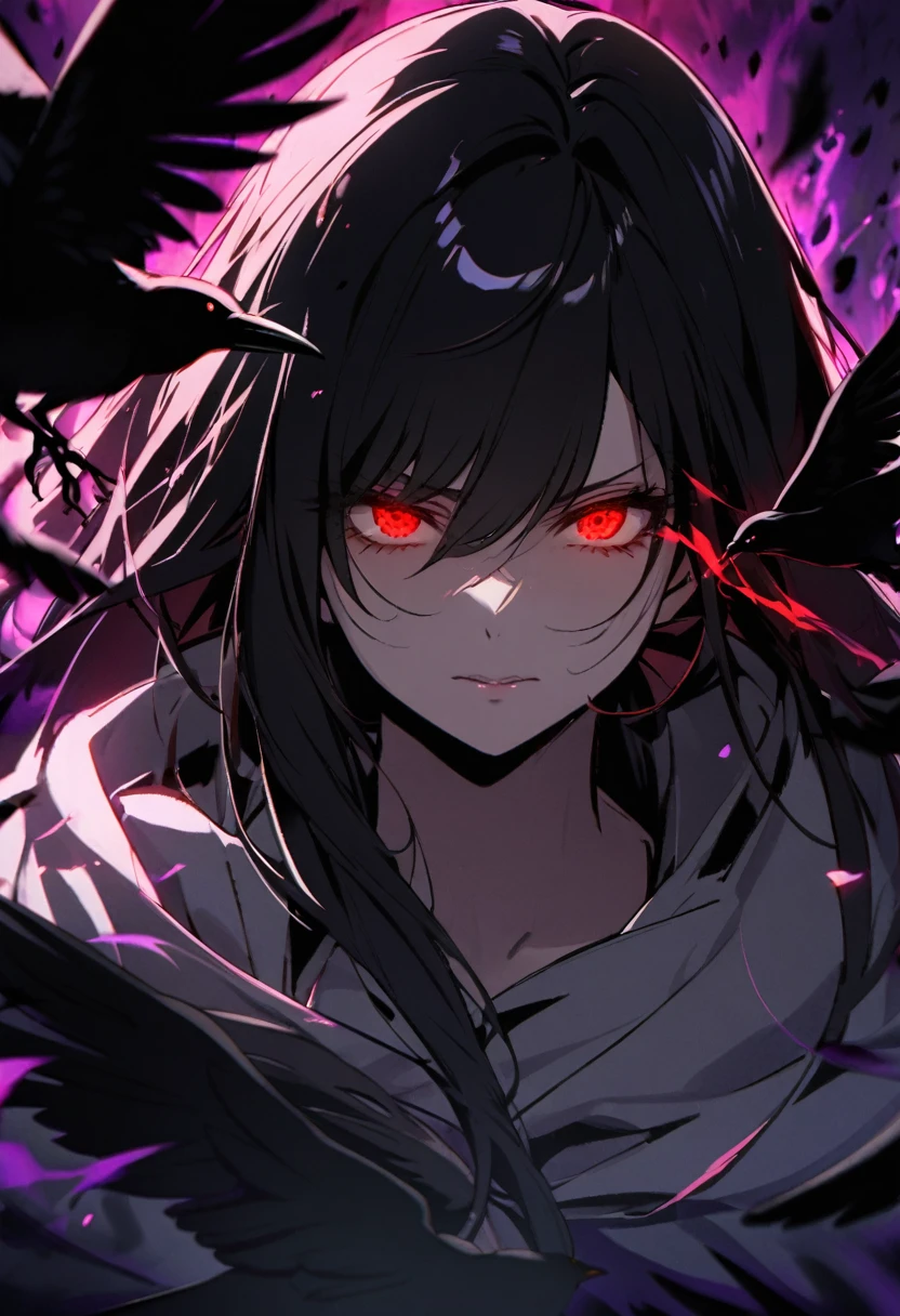 girl, mature, crows, red eyes, black hair, glowing eyes, dark aura, cloak, long hair, main face, front face, face close,