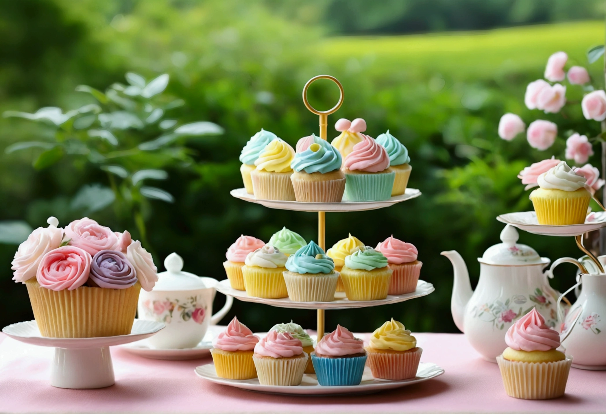 Cute, pastel-colored, colorful cupcakes、Afternoon tea、Garden Background