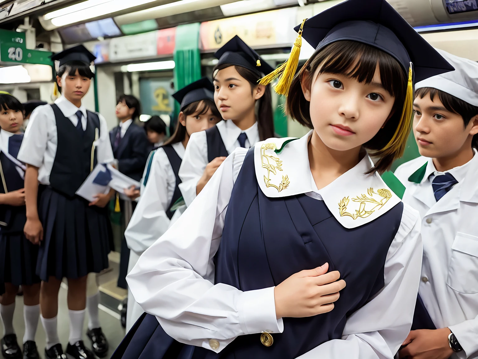 Cute 12-year-old girl in elementary school graduation uniform with exposed breasts,A man exposes her breasts from under her uniform and fondles them,Japanese,Highly detailed eyes and face, Sharp pupils,Arrow, A dark gap in a crowded train、Number 40'Right-handed nan pushes girl from behind、 Cinema Lighting,Quiet atmosphere、Beautiful details,Highly detailed eyes and face、Ultra-wide angle shooting、A girl with an expressionless and confused face、A man wearing a 40-inch body display exposes his chest to a girl、Hugged from behind。.