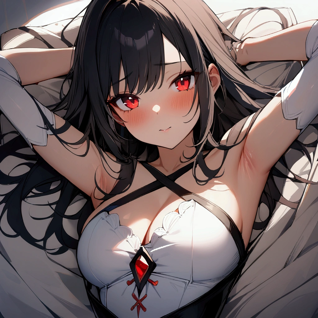 1 girl,Solo,blackhair,red eyes,Criss Cross,masterpiece,best quality,very aesthetic,absurdres,masterpiece, best quality, very aesthetic, absurdres 