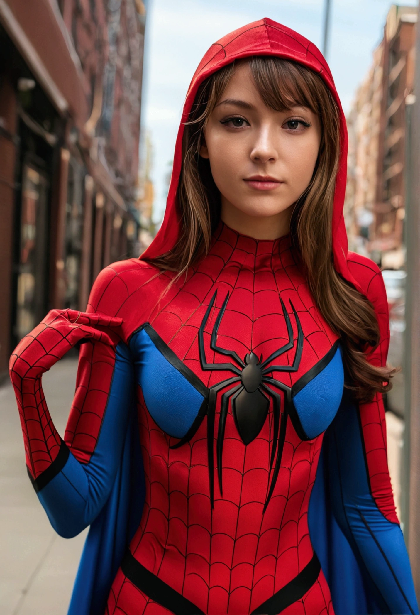 wears a spider-man outfit with exposed breasts with nothing covering them