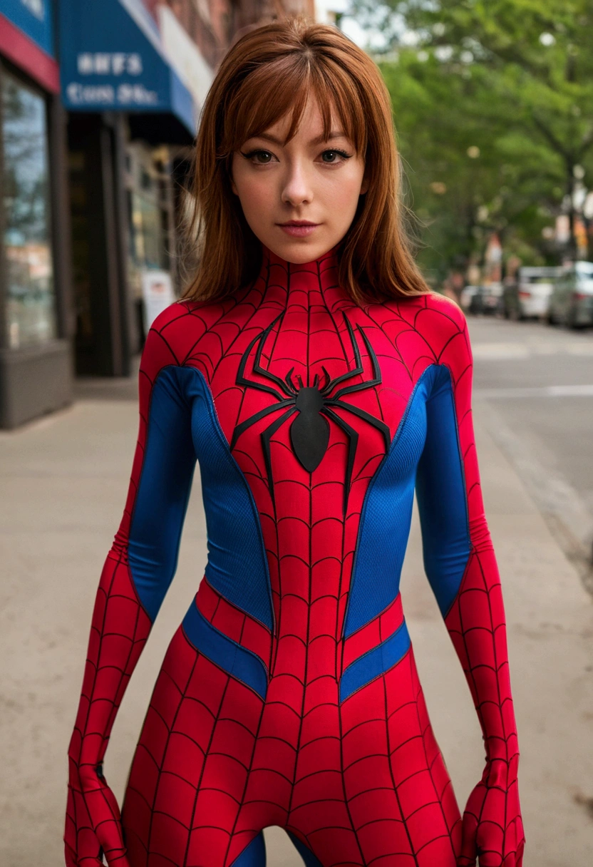 wears a spider-man outfit with exposed breasts with nothing covering them