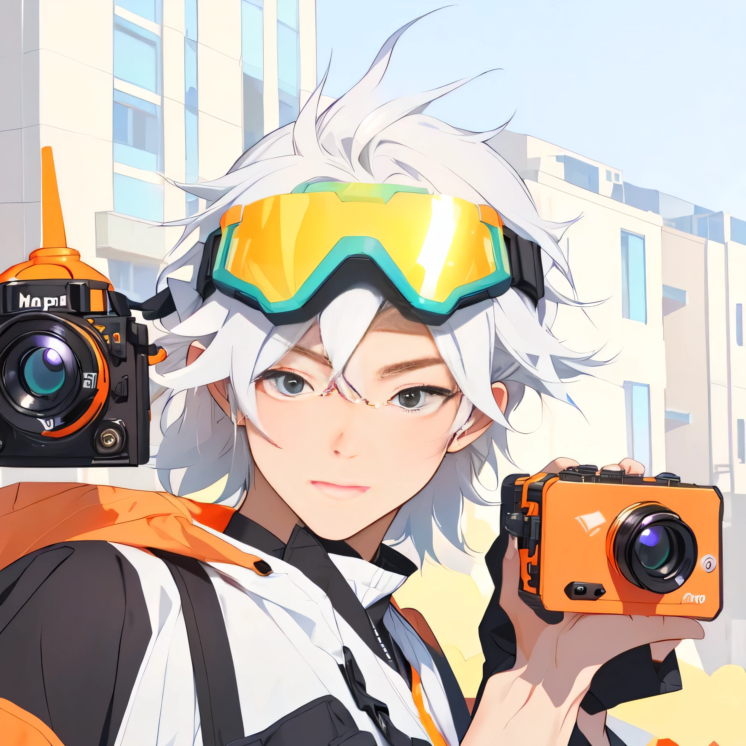 Cartoon character wearing goggles and holding a camera in the city, Maple Story style, MapleStory Gun Boy, Wearing an orange gradient goggles on his head,Wearing an orange gradient goggles on his head,Off-white short-sleeved top,Gray hair,, wearing an eye mask,front,Excellent masterpiece,male,front photo,Normal male height