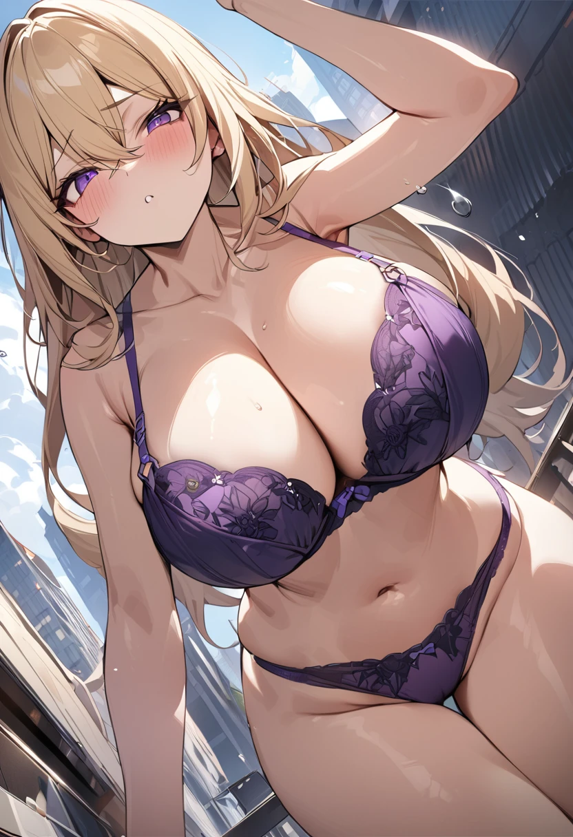 masterpiece, Highest quality, Confused, 1 girl, 、City、Purple panties　From below ((Blonde))　　((Purple Bra))　Big Breasts
