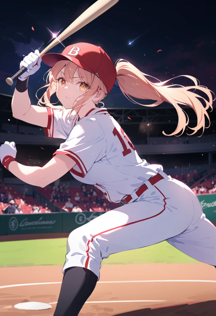 athlete,Baseball arena,Girl playing baseball,a baseball player batting, extremely detailed, 8K, studio lighting, vivid colors, dynamic action pose, detailed uniform, determined facial expression, swinging a baseball bat, playing on a baseball field, perfect composition, cinematic lighting
