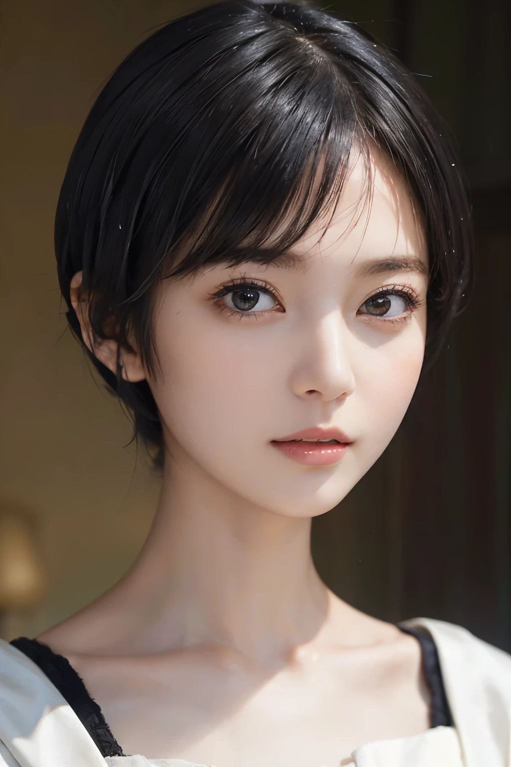 (((Black Short Hair))), (Louvre Museum), Seductive pose, Background is grassland、Image from chest up:1.6)、Close-up portrait of a woman wearing a white off-the-shoulder top dress and earrings, Soft portrait shot 8k, Nice delicate face, High-quality 4K portraits, High-quality portraits, Soft, perfect, pale skin, 8K Highly Detailed Face, なbeautiful繊細な顔, beautiful光の大きな目, Beautiful and realistic face, beautiful１４Old woman, Beautiful and realistic face, cute１４Old woman