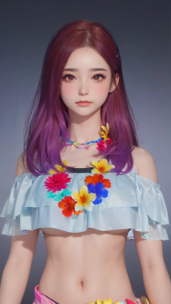 a close up of a woman with a colorful necklace and flowers, beautiful realistic upper body, realism artstyle, vivid flower crown, kawaii realistic portrait, semi - realistic, semi-realistic, exotic lily ears, ethereal flowerpunk, (huge breast:1.5)