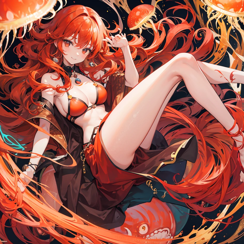 24 year old woman, curly hair, red and orange hair, Almond eyes, black eyes, the expression is relaxed but with a smile,The background is a forest , with not so revealing clothes, with a tattoo of a jellyfish, long hair, an ear piercing 