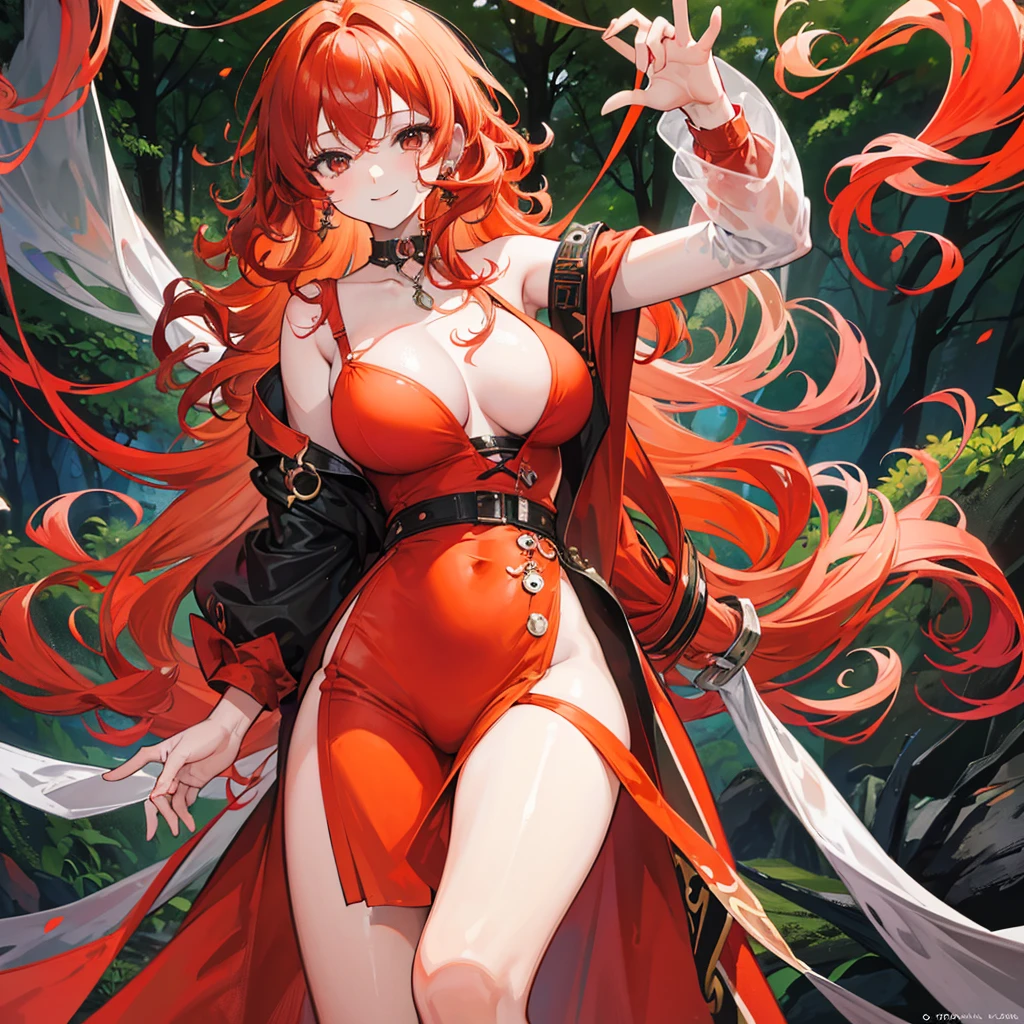 24 year old woman, curly hair, red and orange hair, Almond eyes, black eyes, the expression is relaxed but with a smile,The background is a forest , with not so revealing clothes, with a tattoo of a jellyfish, long hair, an ear piercing