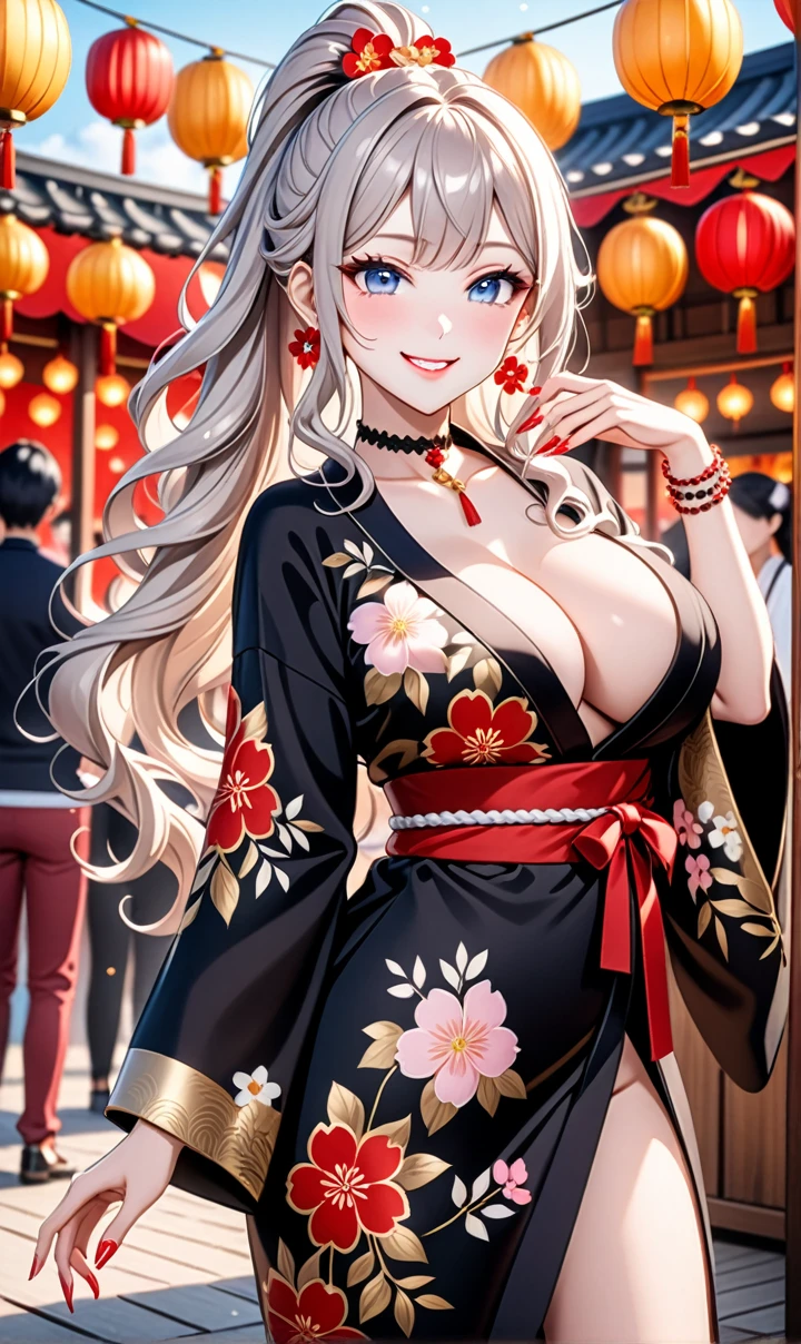 ultra-detailed, ((one girl)), (pale skin:1.4), in pastel colors gyaru, (heavy makeup), (professional lighting) hyper detailed, absurdres, 8K, Beautiful Face, (Laugh shyly), ((teasing smile:1.8)), ((Wink:1.7)), (Laugh with your mouth wide open),((Tilt your face:1.6)), View your viewers, ((Bright red cheeks:1.6)),Glossy Red Lips, ((Big Breasts:1.6)), ((undressing:1.2)), noon, Shrine festival stalls, ((Anime style background)),masterpiece, Highest quality, so beautiful,Latest, Complex details, (Pink long nails), (nail art), (ring),(bracelet), (Floral Choker),AI-generated, Complex,High resolution, Highest quality, super high quality,3D Images、3D Images,One person,Pastel silver long hair,(High Ponytail), (wavy hair:1.3), Pastel anime woman posing for a photo, ((Fine grain、blue eyes、glowing eyes:1.4)), (Squint your eyes:1.1),a hyperRealistic , hyperRealistic , Realistic,Anime woman with long pastel white hair, Smooth anime CG art, A girl in a gorgeous black kimono, ((Black long-sleeved kimono)),(Large red floral pattern), Golden embroidery, (sideboob), Long flower hair ornament,Floral Earrings,japanese pouchを手に持つ,Mature Body, tall,Narrow waist, ((from side:1.2)), ((leaning forward:)), upper body, Fan as carry-on baggage,dance,