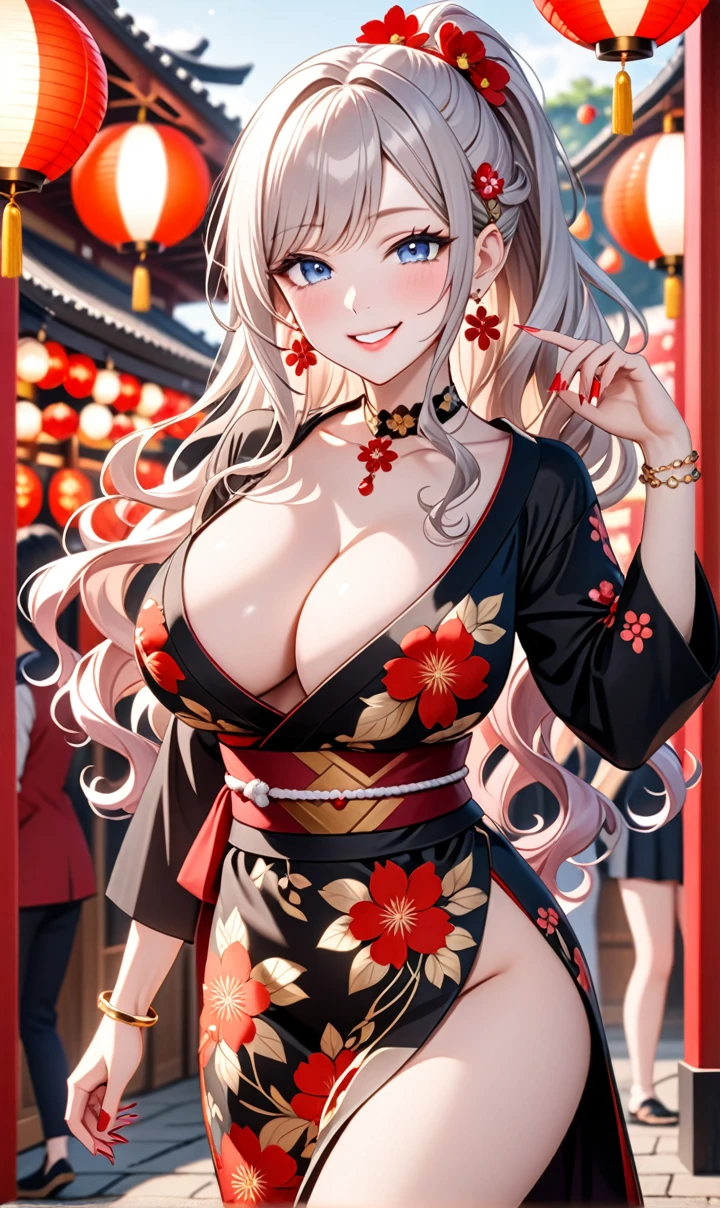 ultra-detailed, ((one girl)), (pale skin:1.4), in pastel colors gyaru, (heavy makeup), (professional lighting) hyper detailed, absurdres, 8K, Beautiful Face, (Laugh shyly), ((teasing smile:1.8)), ((Wink:1.7)), (Laugh with your mouth wide open),((Tilt your face:1.6)), View your viewers, ((Bright red cheeks:1.6)),Glossy Red Lips, ((Big Breasts:1.6)), ((undressing:1.2)), noon, Shrine festival stalls, ((Anime style background)),masterpiece, Highest quality, so beautiful,Latest, Complex details, (Pink long nails), (nail art), (ring),(bracelet), (Floral Choker),AI-generated, Complex,High resolution, Highest quality, super high quality,3D Images、3D Images,One person,Pastel silver long hair,(High Ponytail), (wavy hair:1.3), Pastel anime woman posing for a photo, ((Fine grain、blue eyes、glowing eyes:1.4)), (Squint your eyes:1.1),a hyperRealistic , hyperRealistic , Realistic,Anime woman with long pastel white hair, Smooth anime CG art, A girl in a gorgeous black kimono, ((Black long-sleeved kimono)),(Large red floral pattern), Golden embroidery, (sideboob), Long flower hair ornament,Floral Earrings,japanese pouchを手に持つ,Mature Body, tall,Narrow waist, ((from side:1.2)), ((leaning forward:)), upper body, Fan as carry-on baggage,dance,