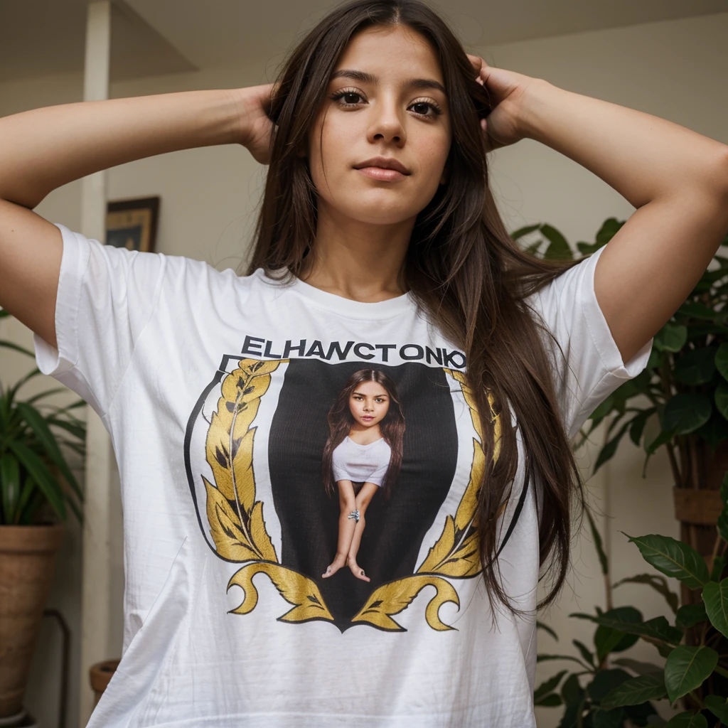 Girl with long hair and a Colombian t-shirt with the name Lucía