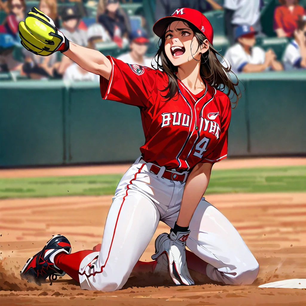 Young beautiful woman,(Highest quality,Extremely detailed depiction,Incredibly absurd high resolution,Anatomically accurate depiction,SFW),(Glowing Skin,Shiny skin),baseball player,Baseball uniform,baseball pants,Baseball hats,Gloves,A pitcher crying on the mound in frustration,Mortified face,Kneeling posture,background:Baseball field during a game,Walk-off loss,On the mound