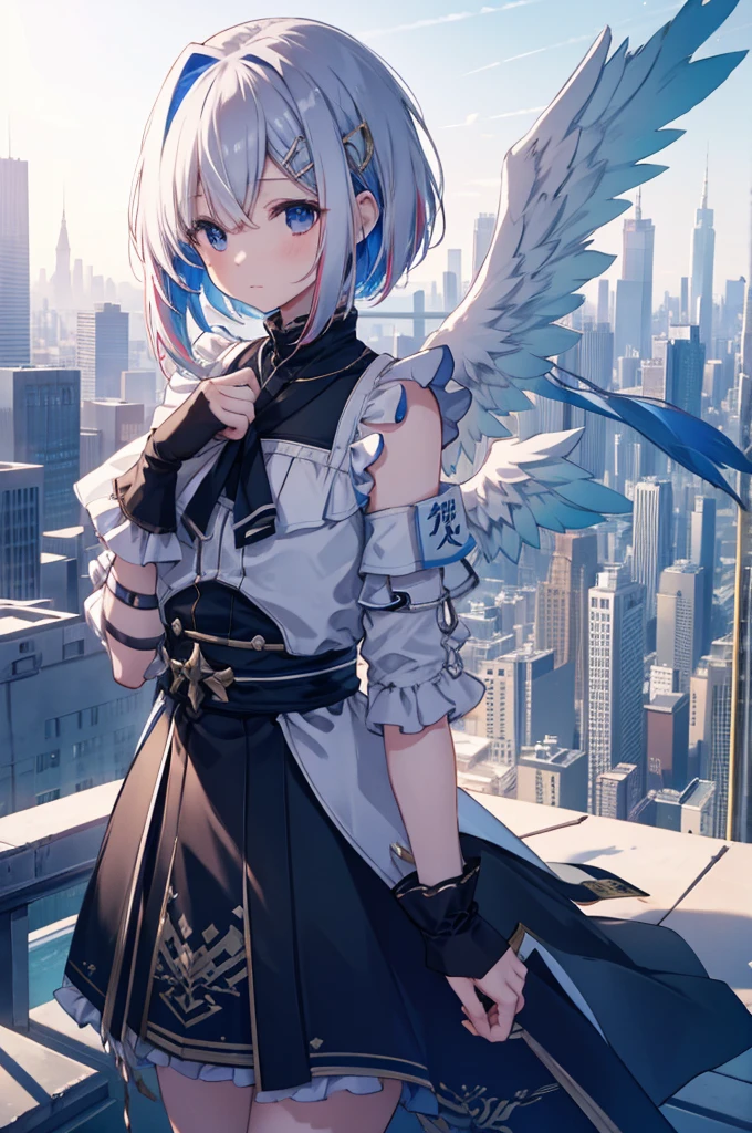 On top of a building、Overlooking the city、A fleeting expression、short hair、Small Wings、Shot from above、Concept Art、masterpiece、high resolution、