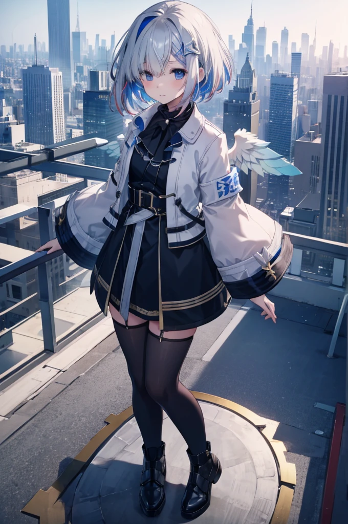 On top of a building、Overlooking the city、A fleeting expression、short hair、Small Wings、Shot from above、Concept Art、masterpiece、high resolution、