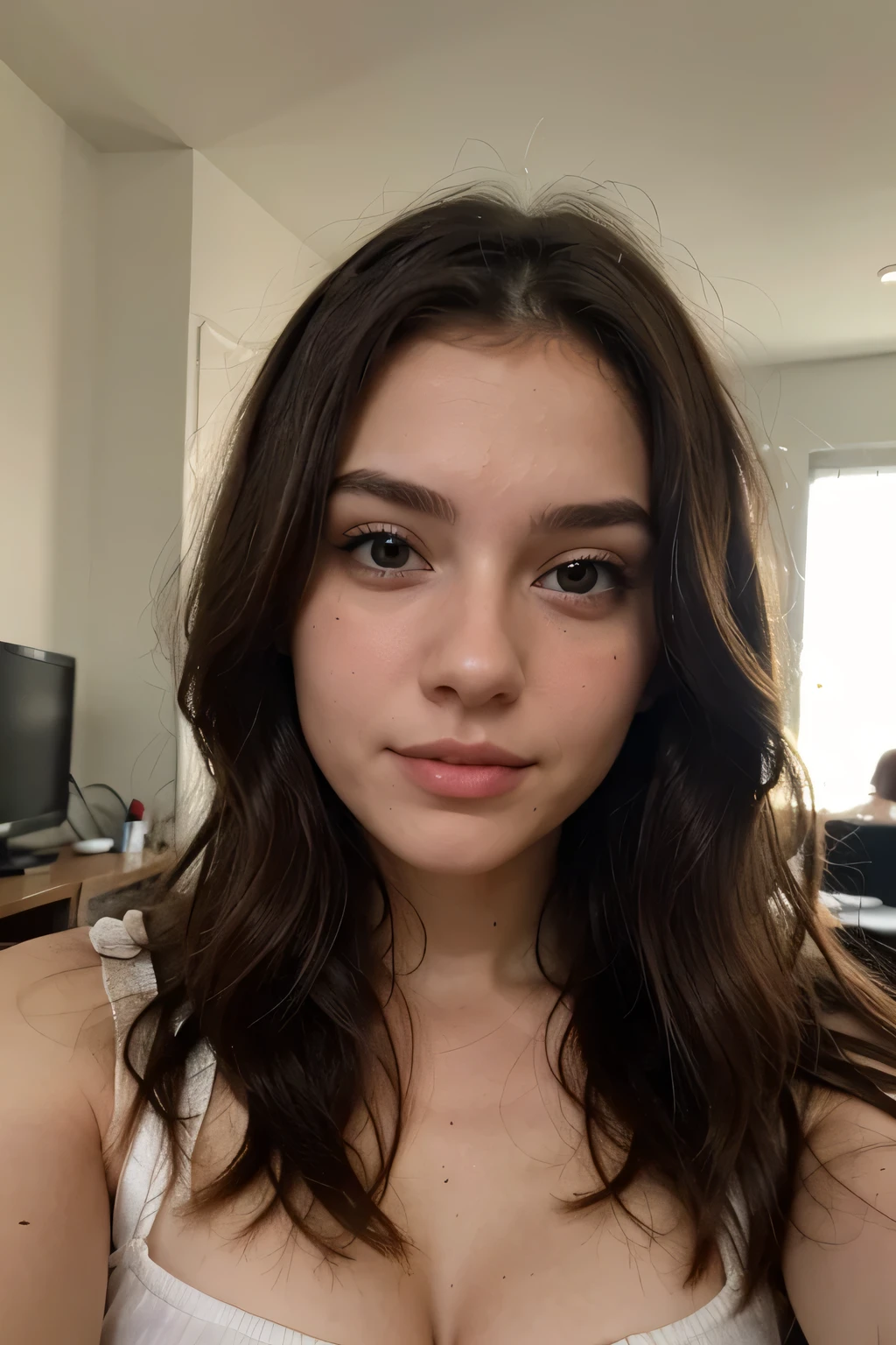 Raise a 20 year old woman, brunette Clara, with wavy hair, Brazilian, with not so delicate features