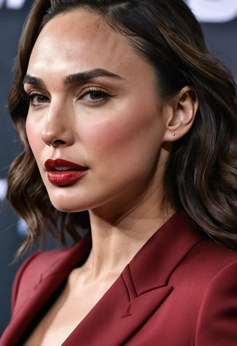 Gal Gadot dressed in her suit,pure beauty perverted seductive look bites her lips as a sign of desire