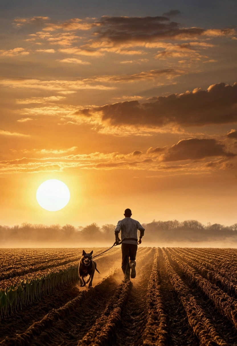 Draw a picture of the rising sun,horizon, a man is running with his dog, a ploughing field is behind them.