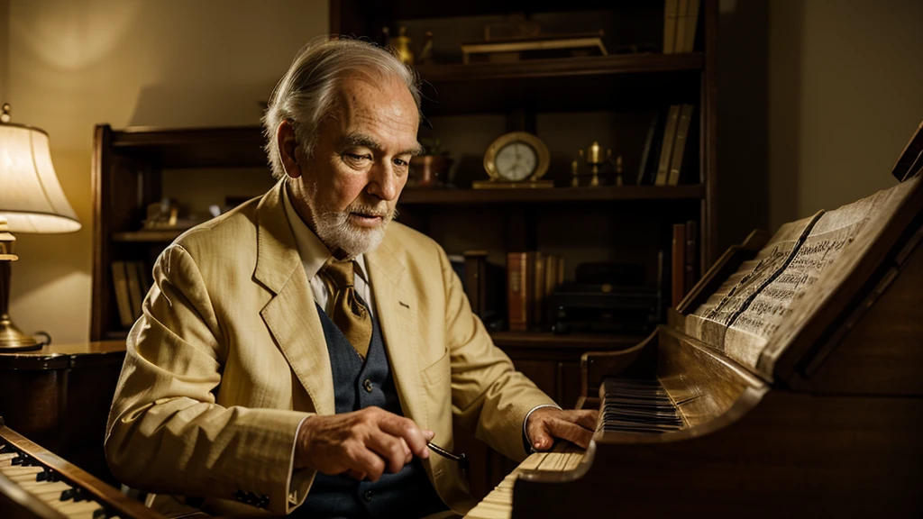 An old man in a suit playing an antique grand piano in comfortable yellowish lighting