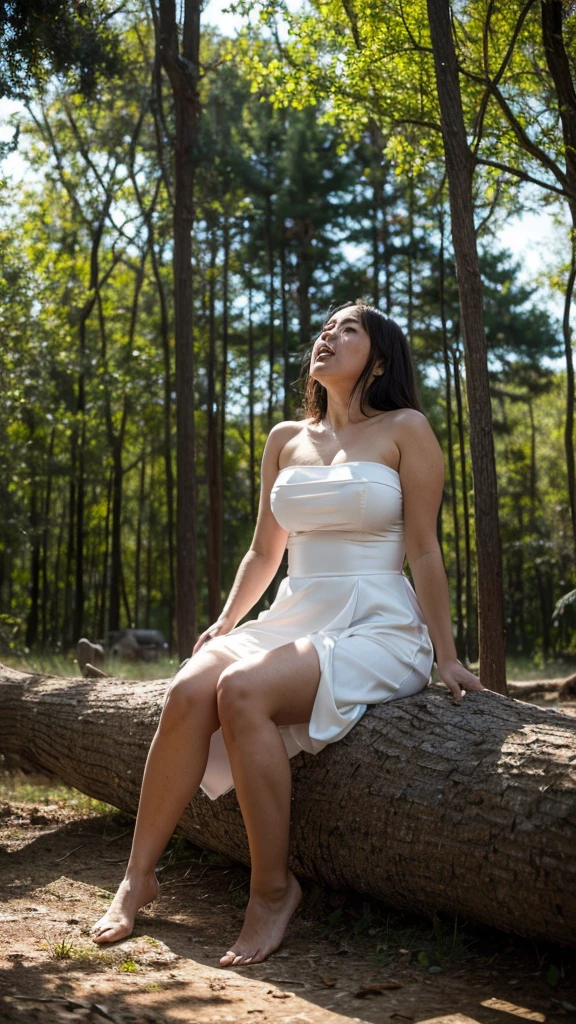 Raw, best quality, masterpiece, Ultra-realistic, ultra-detailed, korean mommy, 45-Years-Old, plump body, big breasts, her hairs are floated by wind, her body evaporating smoke, super exhausted face, screaming, wearing white tight satin strapless dress, breast about to burst, shoulder skin seen, super sweatiest body, sitting at abandone park, spoooky dead trees background, epic realistic, vintage photo, awardwinning photo, Cinematographic lighting, looking up at viewer, 8k resolution