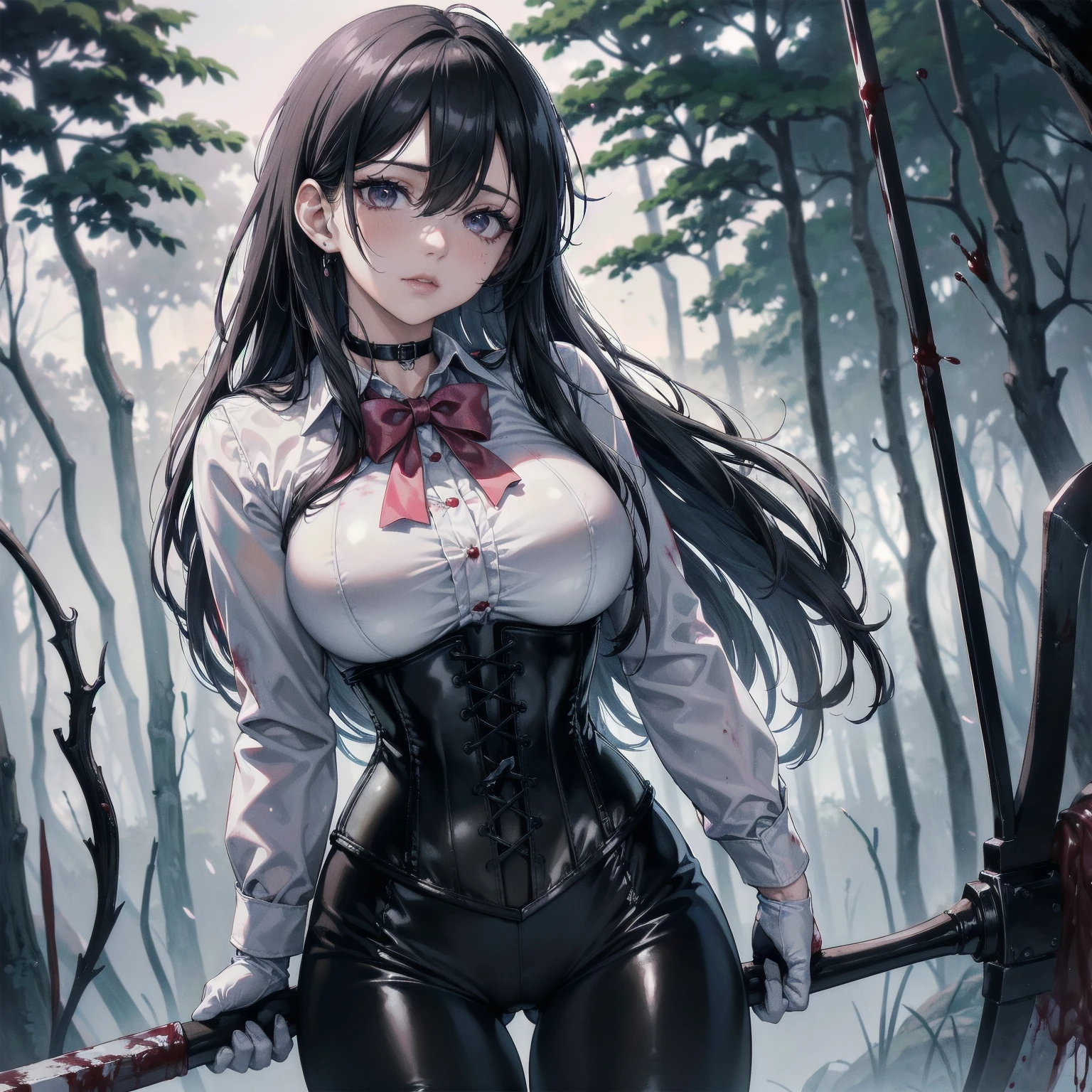 ((blood droplets)), ((blood)), ((blood splatter)), ((blood on clothes)) ((blood stain)), Masterpiece, Superior image quality, high resolution, 4k image,photo and gross, photorealistic, whole body, distant view, 1 young man of 15 years, {{{vagina}}}, big breasts, beautiful face, long black hair, black eyes, very detailed eyes, pink cheeks, shy expression, choker:1.6, (white collar button down long sleeve shirt), black gloves, gloves that cover hands, (holding an ax in the right hand), (black leather corset), (shiny black leggings), Sensual Lips, show details in the eyes, View from the front, looking at the viewer, dark forest path, evening, Atmosphere, fog