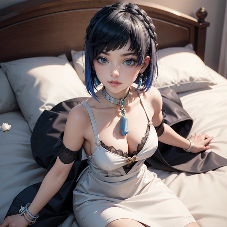 1girl, short hair, flowing hair, floating hair, ornament hair, perfectly body, perfectly hands, white rose on hair, maid, maid dress, maid headdress, maid apron, white apron, white apron, white headdress, on the bedroom, petals in the air, blossom peach tree, centered girl, Chinese style, white maid dress, white dress, more details on her clothes, dark pink dress with transparency, golden details, laying down on the bed, smiling, super cute girl, delicate and beautiful face, 1girl, solo, mature girl, super cute hairstyle, extremely detailed face, perfect lighting, extremely detailed CG, Best quality, cleavage, small skirt, full Body