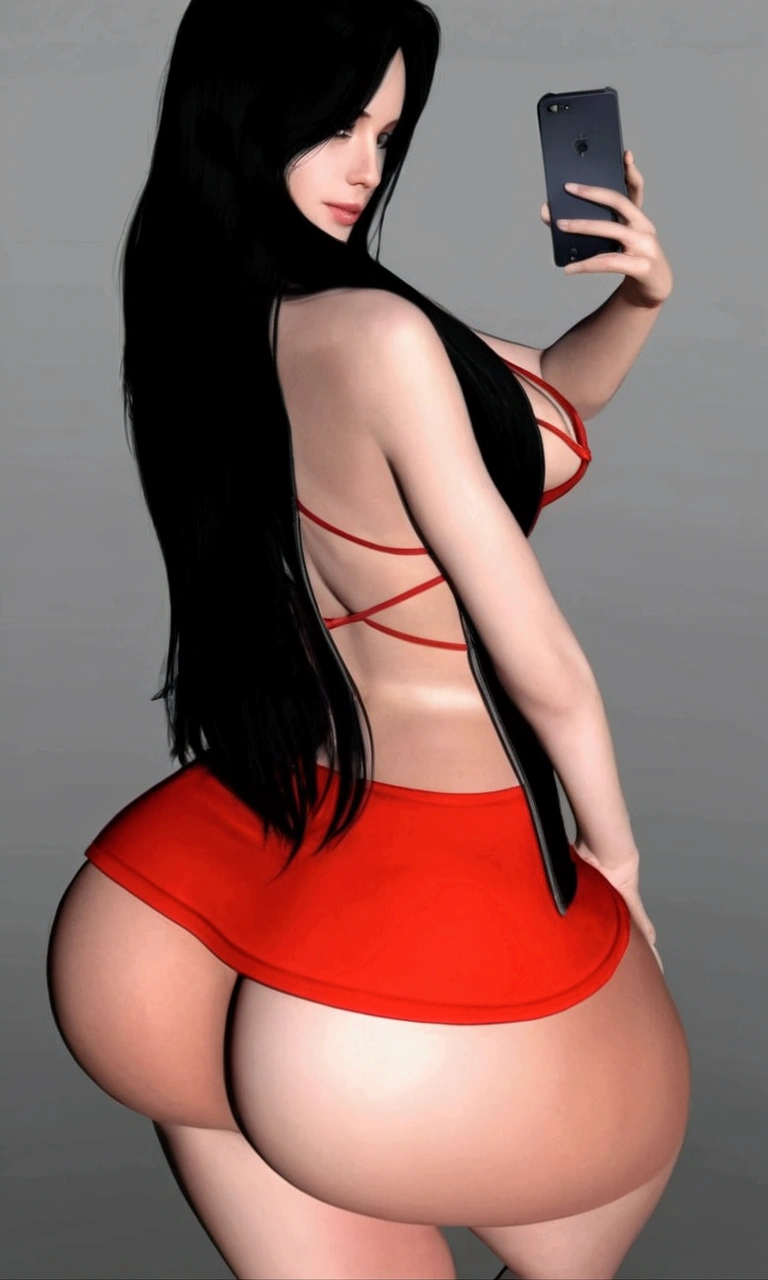 a close-up of a woman in a red dress holding a cell phone, in tight short dress, coast pose, realistic shaded perfect body,realisic skin, big-ass