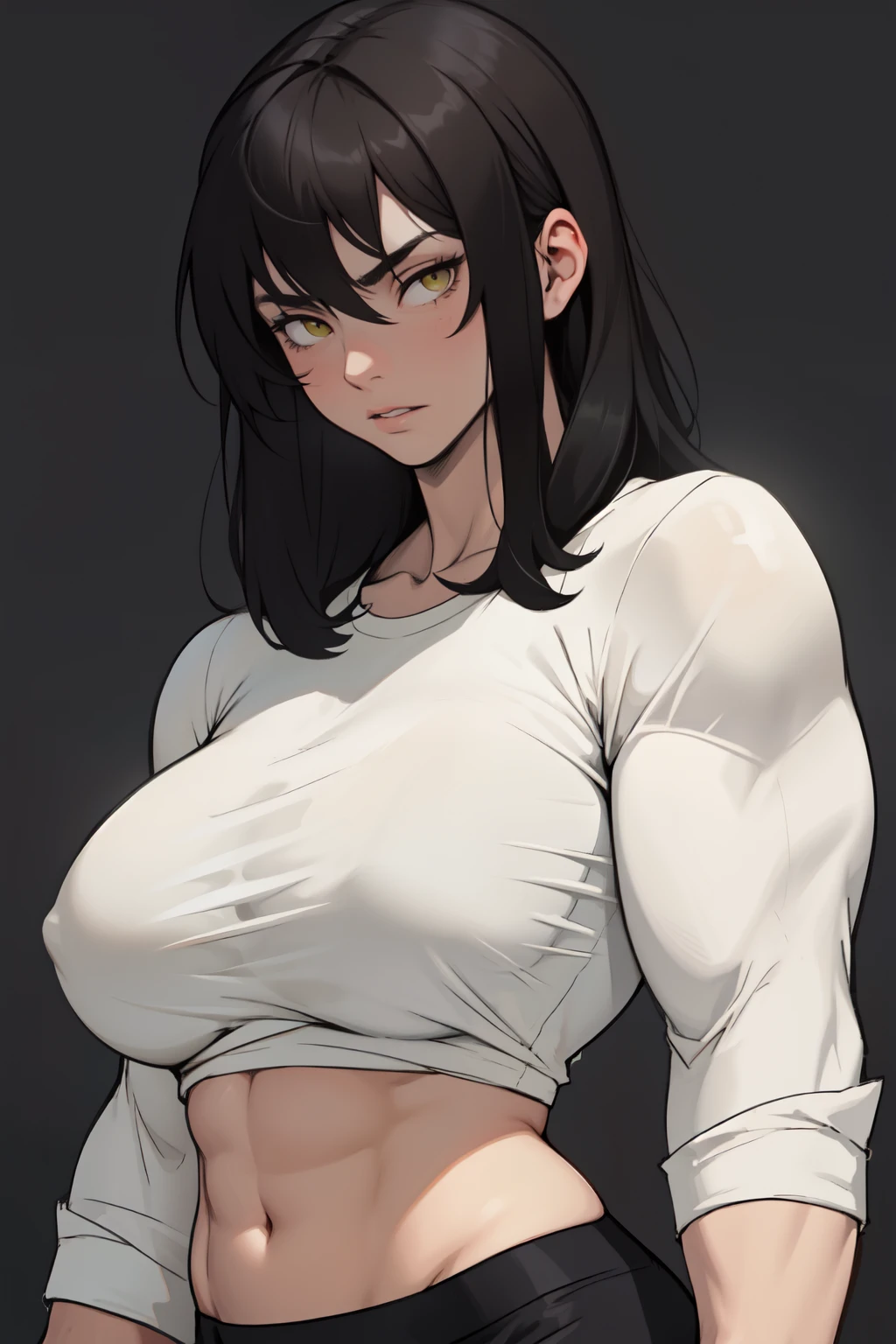 sad girl muscular muscular muscular breasts breasts breasts thick thick thick thick black hair yellow eyes pale skin pale skin thick thick thick long sleeve dark atmosphere thick thick thick thick thick thick muscular simple background sad sad sad sad girl tigth shirt
