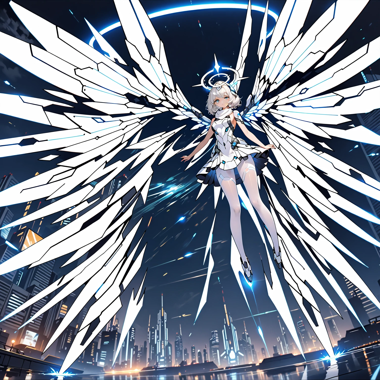 masterpiece, highest quality, highest resolution, clear_image, detailed details, white hair, 1 girl, futuristic wings, futuristic halo, white sci fi mecha dress, white scarf with blow glow, white pantyhose, full body, no water marks, city, no extra limps, no extra body