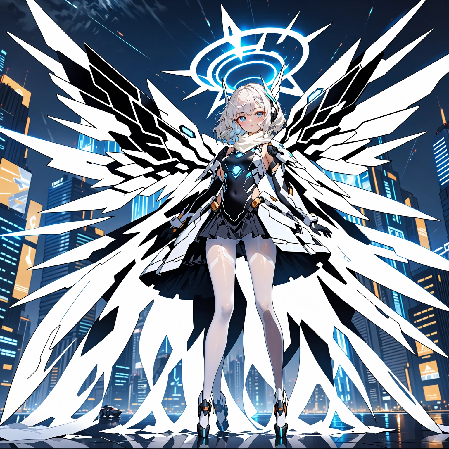 masterpiece, highest quality, highest resolution, clear_image, detailed details, white hair, 1 girl, futuristic wings, futuristic halo, white sci fi mecha dress, white scarf with blow glow, white pantyhose, full body, no water marks, city, no extra limps, no extra body