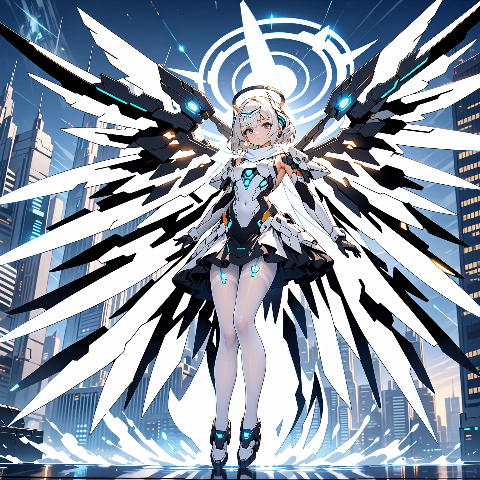 masterpiece, highest quality, highest resolution, clear_image, detailed details, white hair, 1 girl, futuristic wings, futuristic halo, white sci fi mecha dress, white scarf with blow glow, white pantyhose, full body, no water marks, city, no extra limps, no extra body