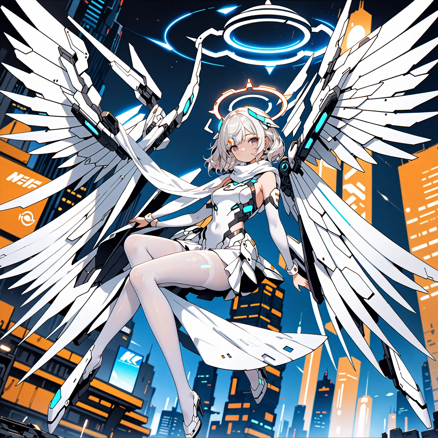 masterpiece, highest quality, highest resolution, clear_image, detailed details, white hair, 1 girl, futuristic wings, futuristic halo, white sci fi mecha dress, white scarf with blow glow, white pantyhose, full body, no water marks, city, no extra limps, no extra body